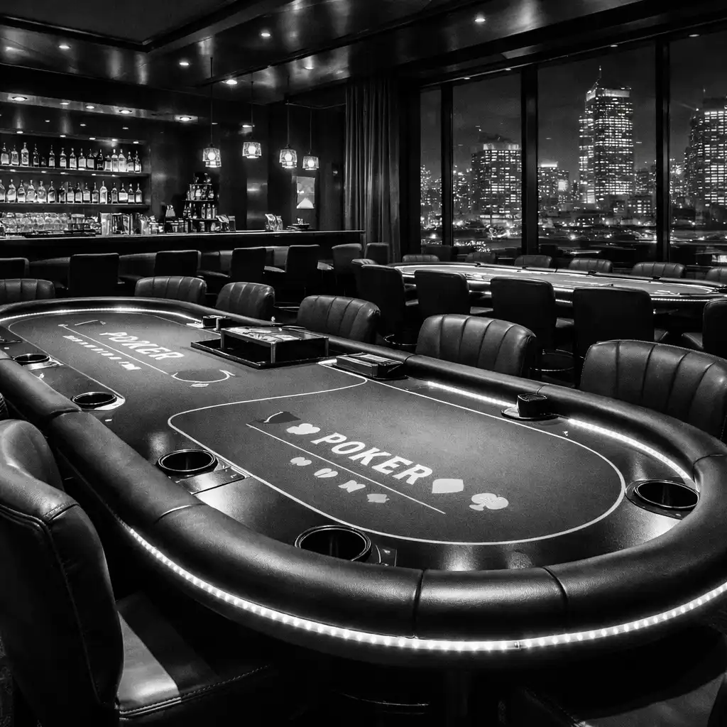 Detail hlavnej sály s pokerovými stolmi a barom